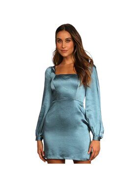 Lulus NWT Women's Got The Love Slate Blue Satin Square-Neck Mini Dress, Size L